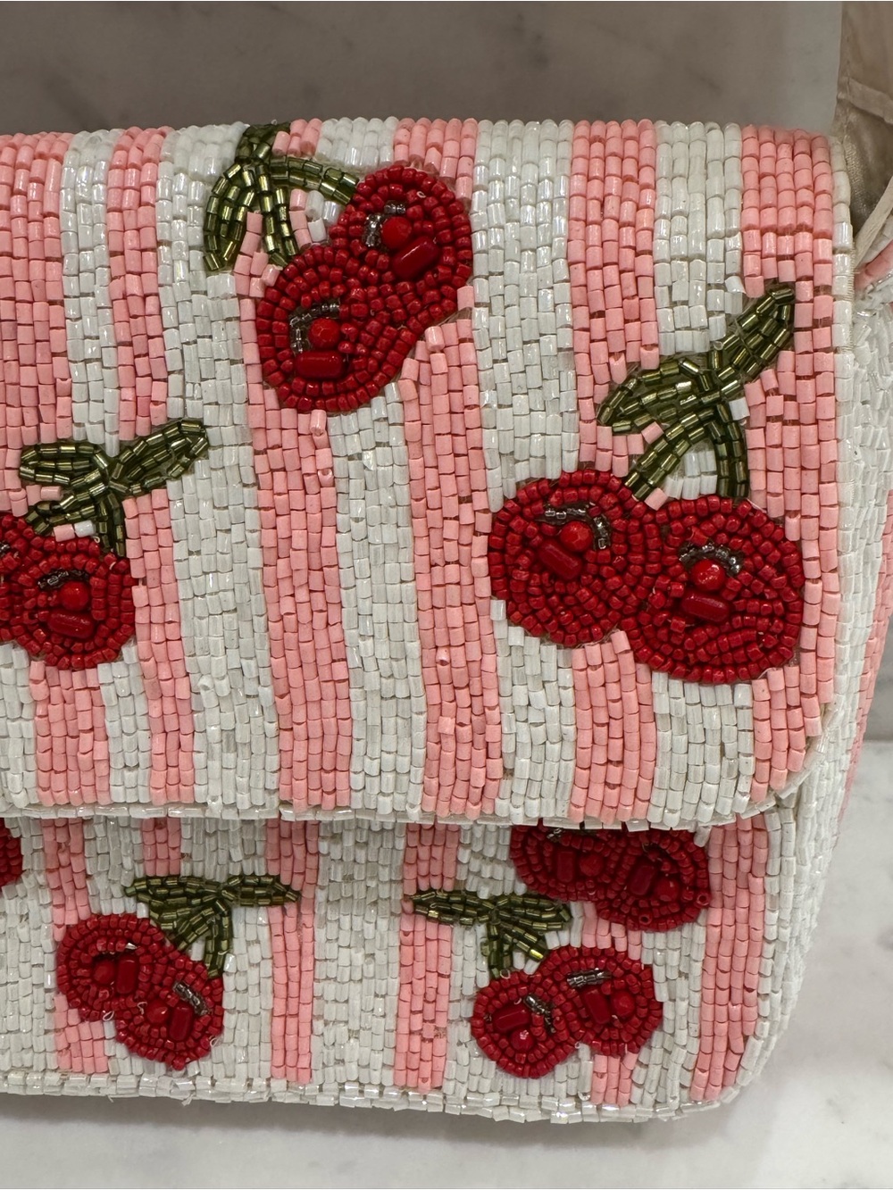 🍒Handcrafted in India Viral Beaded Cherry Shoulder Bag Cherries Pink Striped - Picture 11 of 13